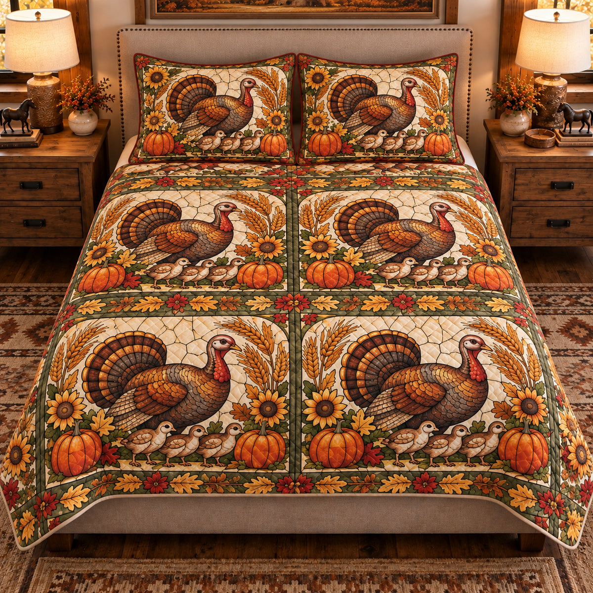 Turkey Stained Glass Garden quilt set — front view