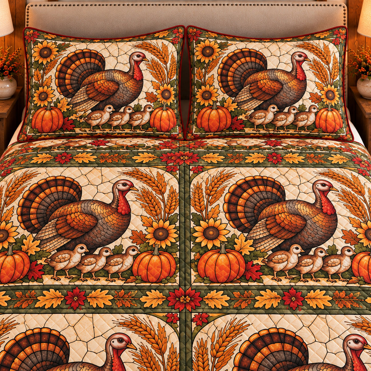 Turkey Stained Glass Garden quilt set — close-up