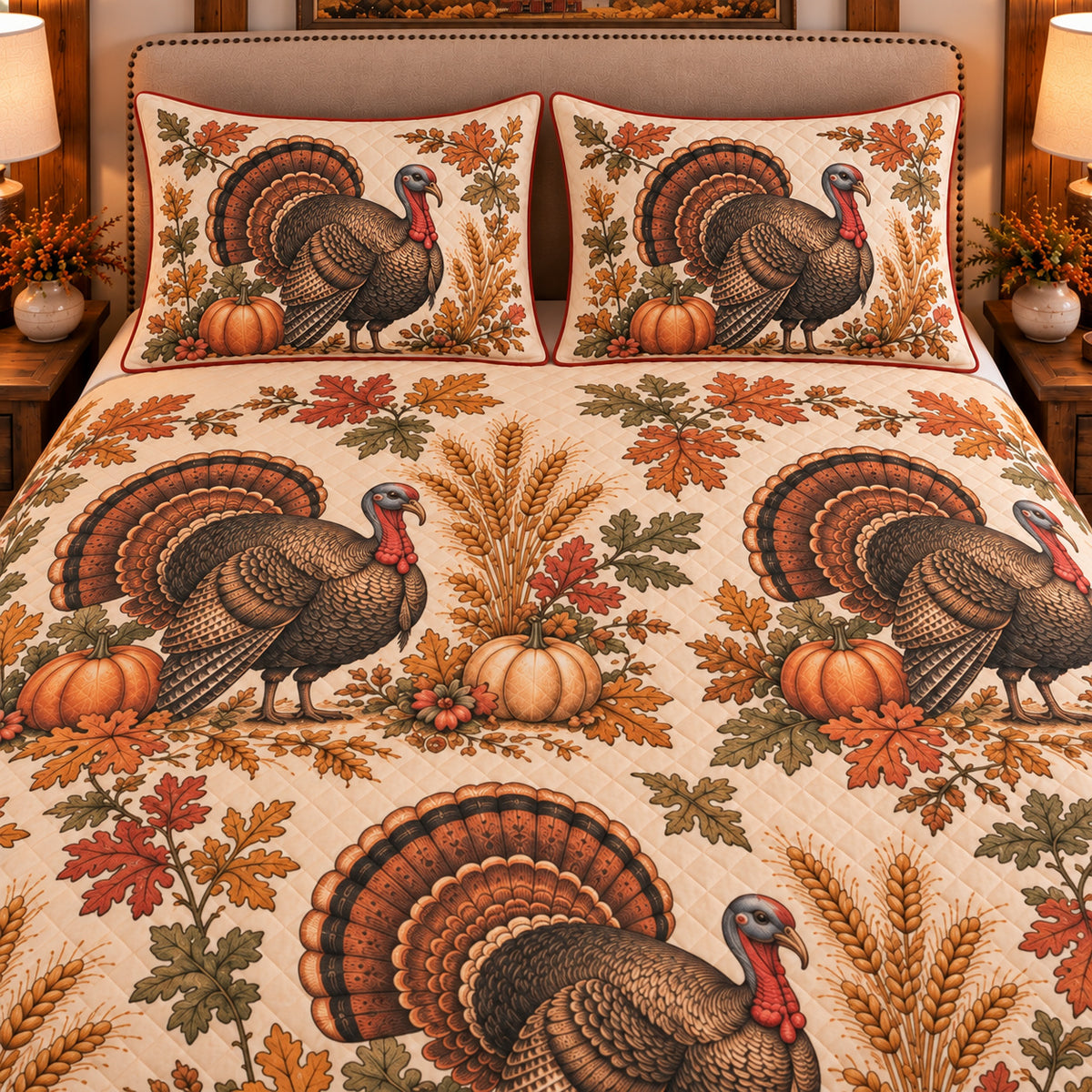 Turkey Vintage Field Guide quilt set — close-up