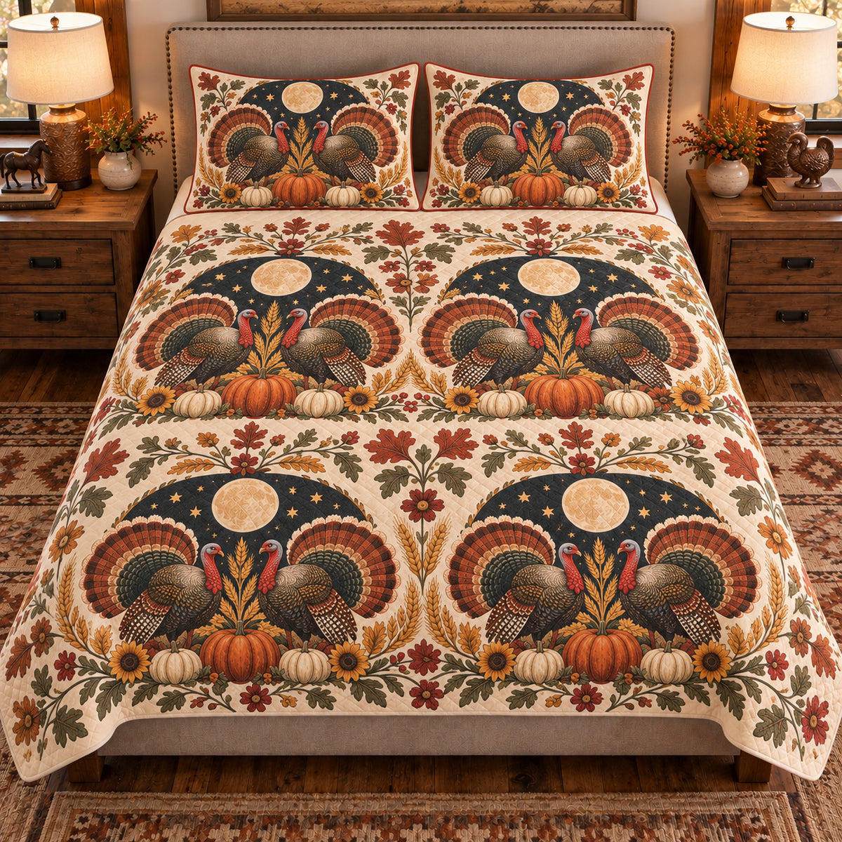 Turkey Moonlit Folk Farm quilt set — front view