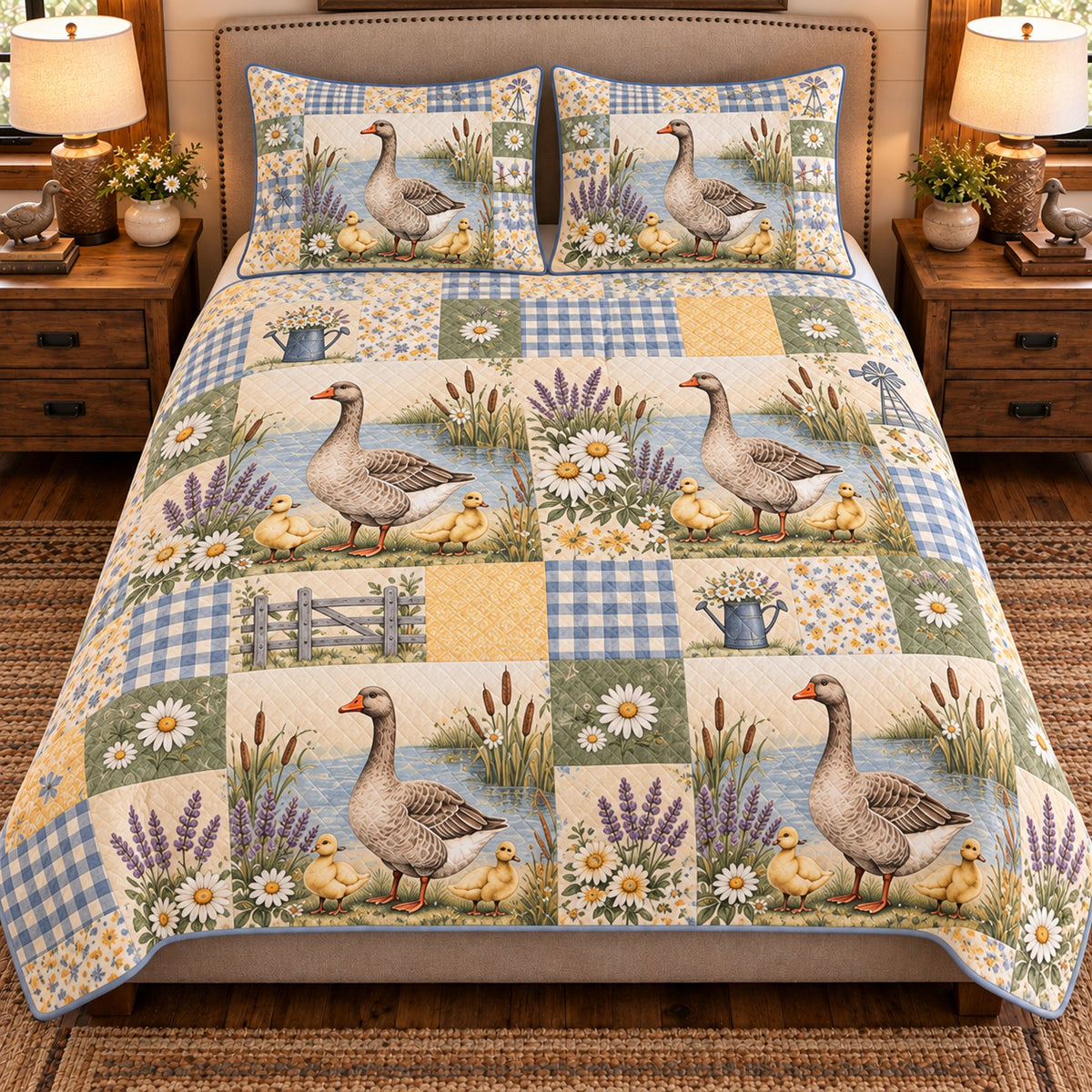 Goose & Gosling Farmhouse Patchwork quilt set — front view