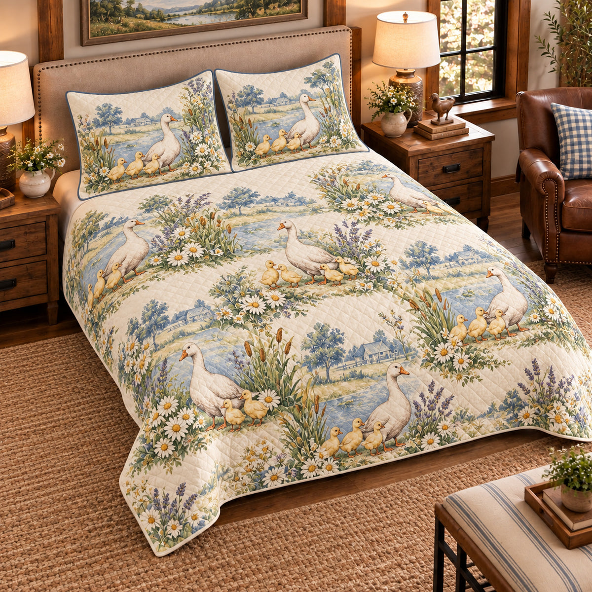 Goose & Gosling Country Toile quilt set — left-angle hero