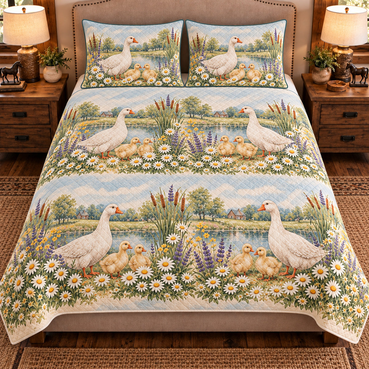 Goose & Gosling Wildflower Meadow quilt set — front view