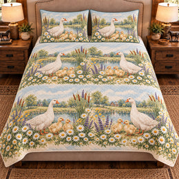 Goose and Gosling Wildflower Meadow Quilt Set, Farmhouse Bedding Gift for Animal Lovers
