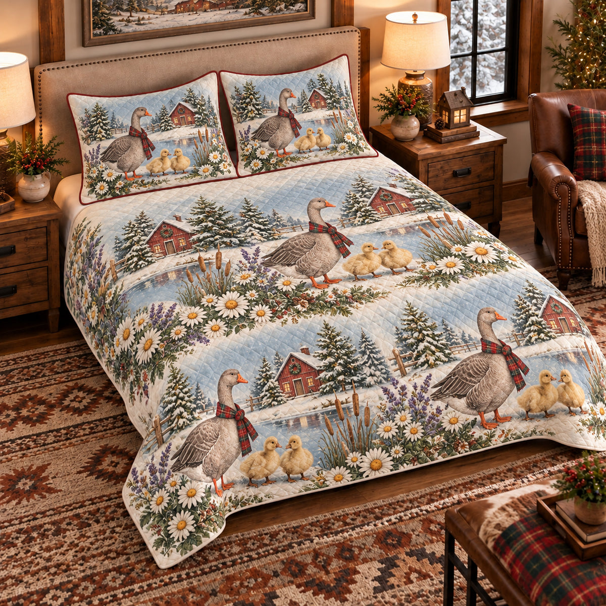 Goose & Gosling Christmas Farm quilt set — left-angle hero