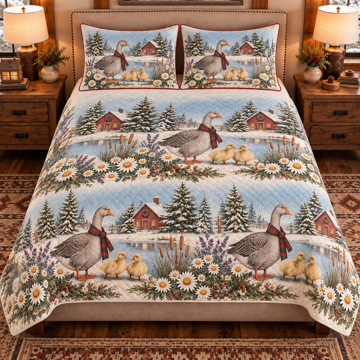 Goose & Gosling Christmas Farm quilt set — front view