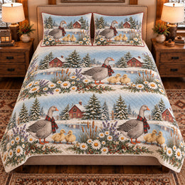 Goose and Gosling Christmas Farm Quilt Set, Farmhouse Bedding Gift for Animal Lovers