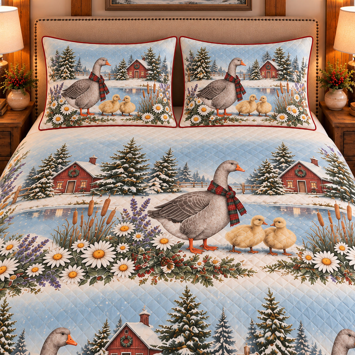 Goose & Gosling Christmas Farm quilt set — close-up