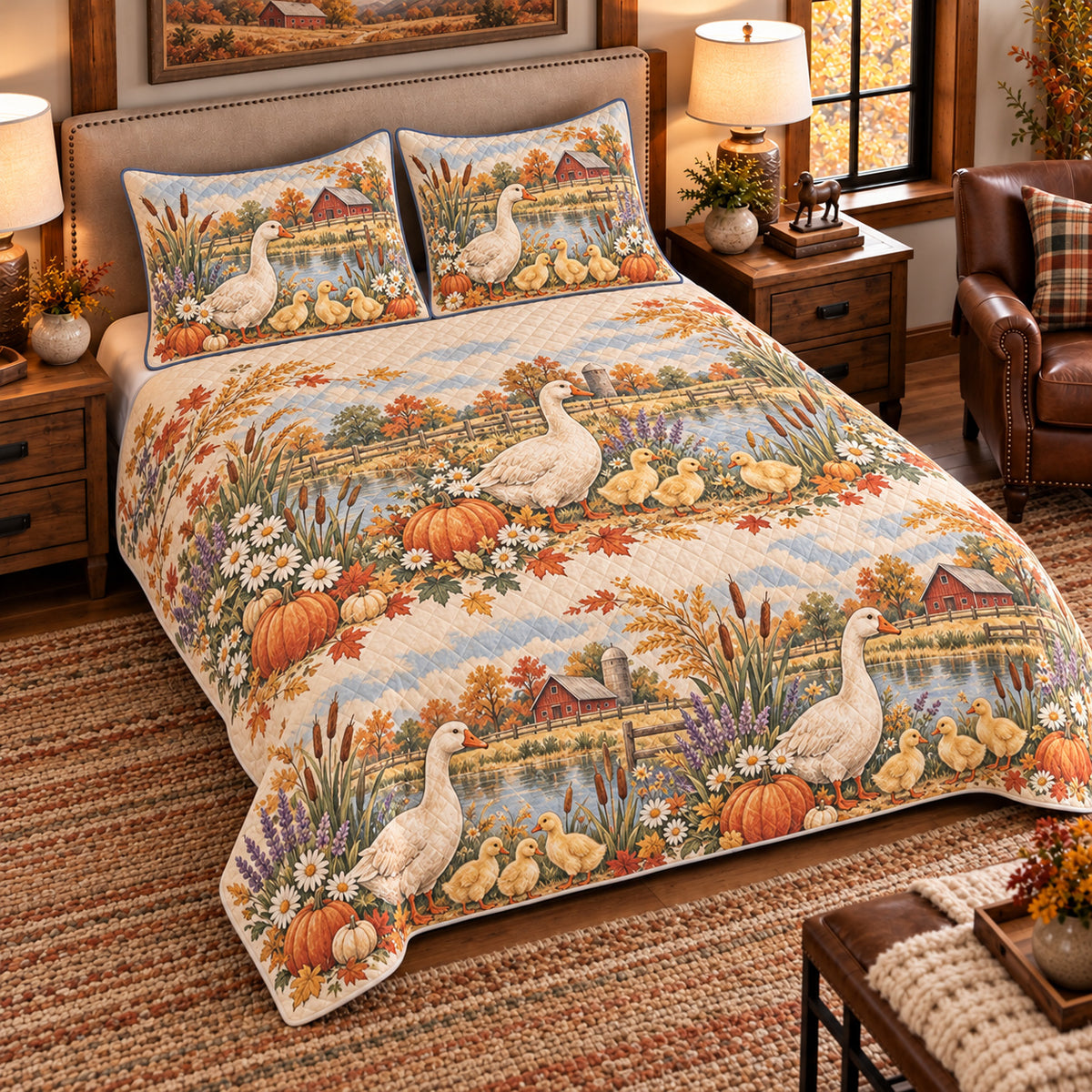 Goose & Gosling Autumn Harvest quilt set — left-angle hero