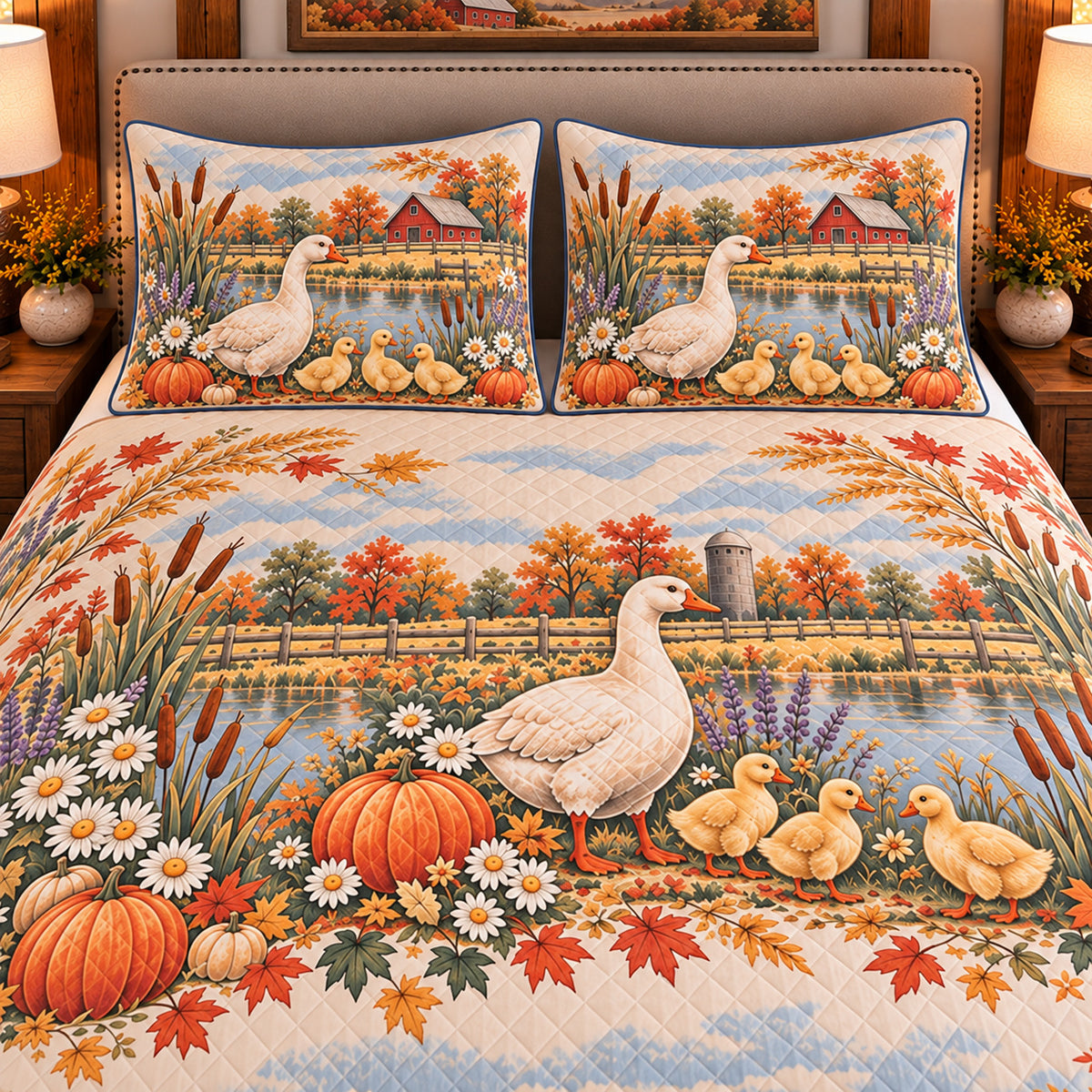 Goose & Gosling Autumn Harvest quilt set — close-up