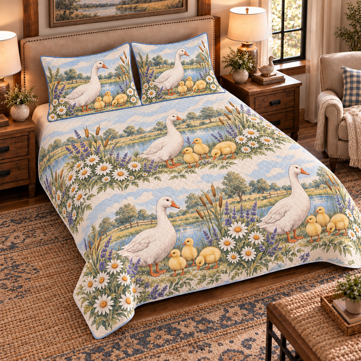 Goose & Gosling Nursery Storybook quilt set — left-angle hero