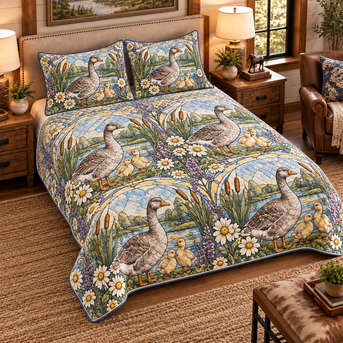 Goose & Gosling Stained Glass Garden quilt set — left-angle hero
