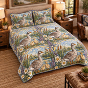 Goose & Gosling Stained Glass Garden quilt set — left-angle hero