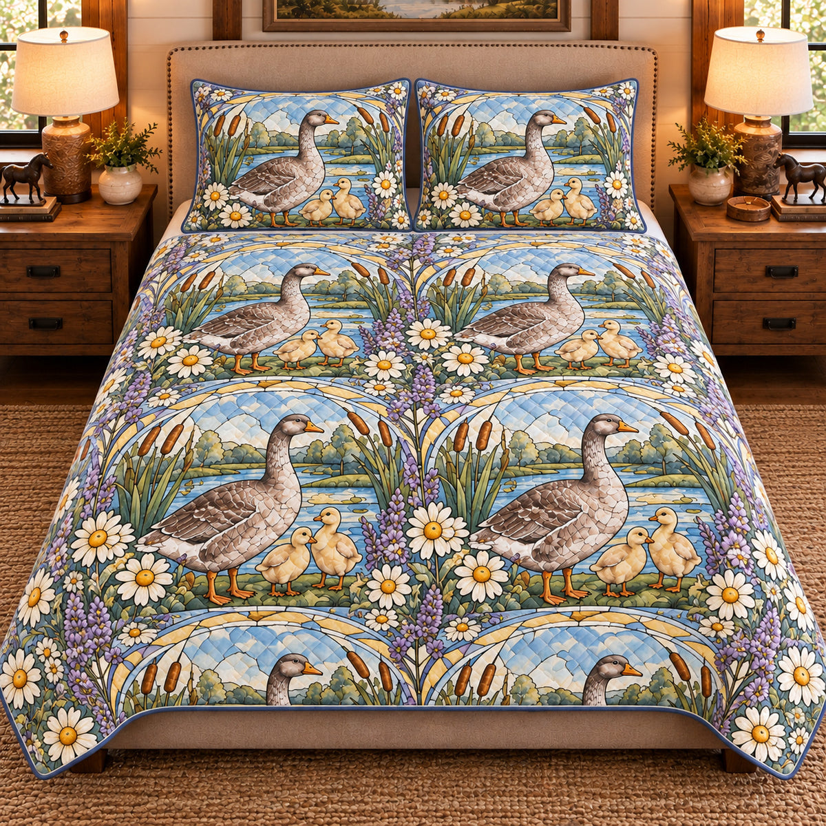 Goose & Gosling Stained Glass Garden quilt set — front view
