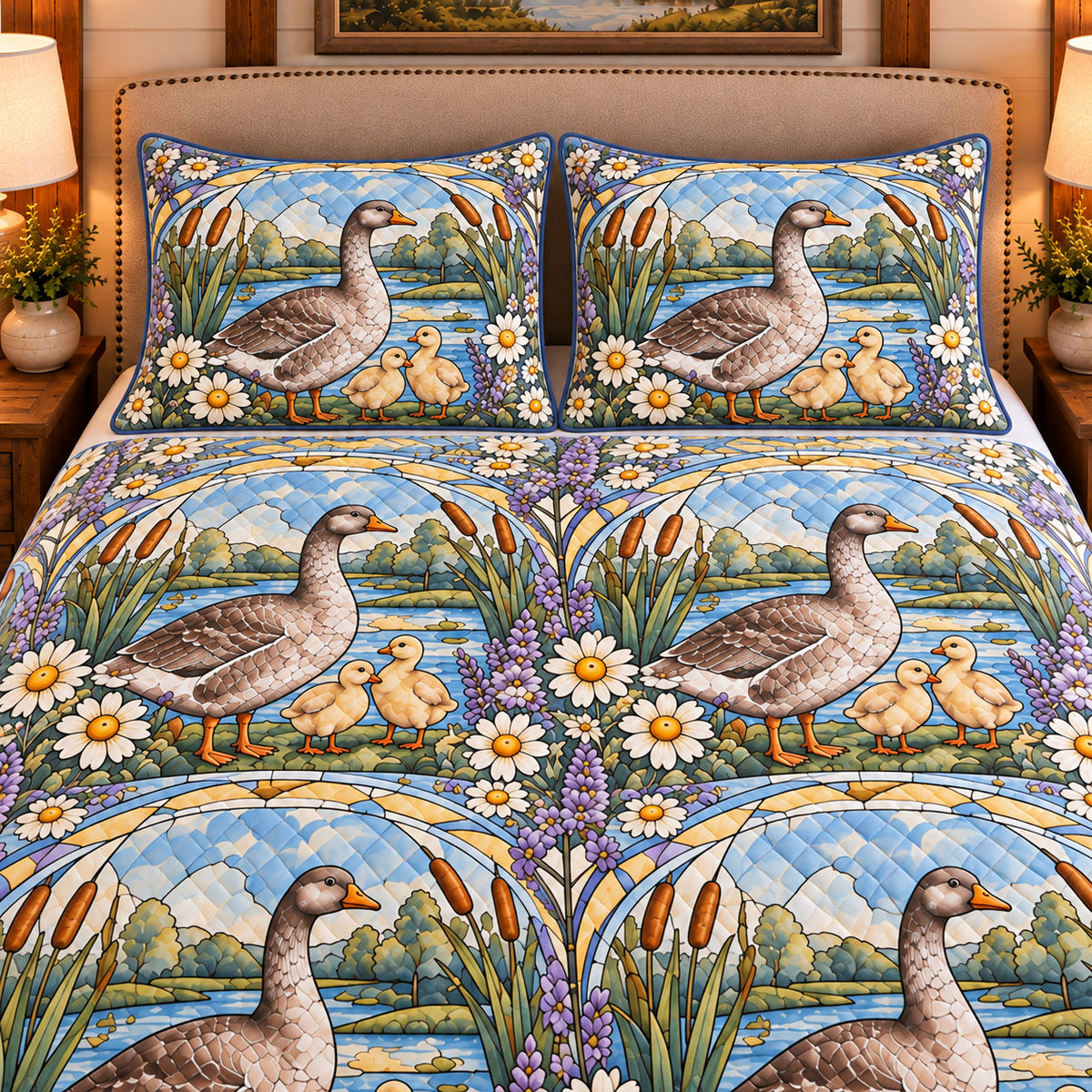 Goose & Gosling Stained Glass Garden quilt set — close-up