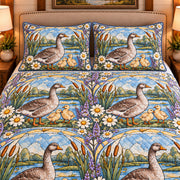 Goose & Gosling Stained Glass Garden quilt set — close-up