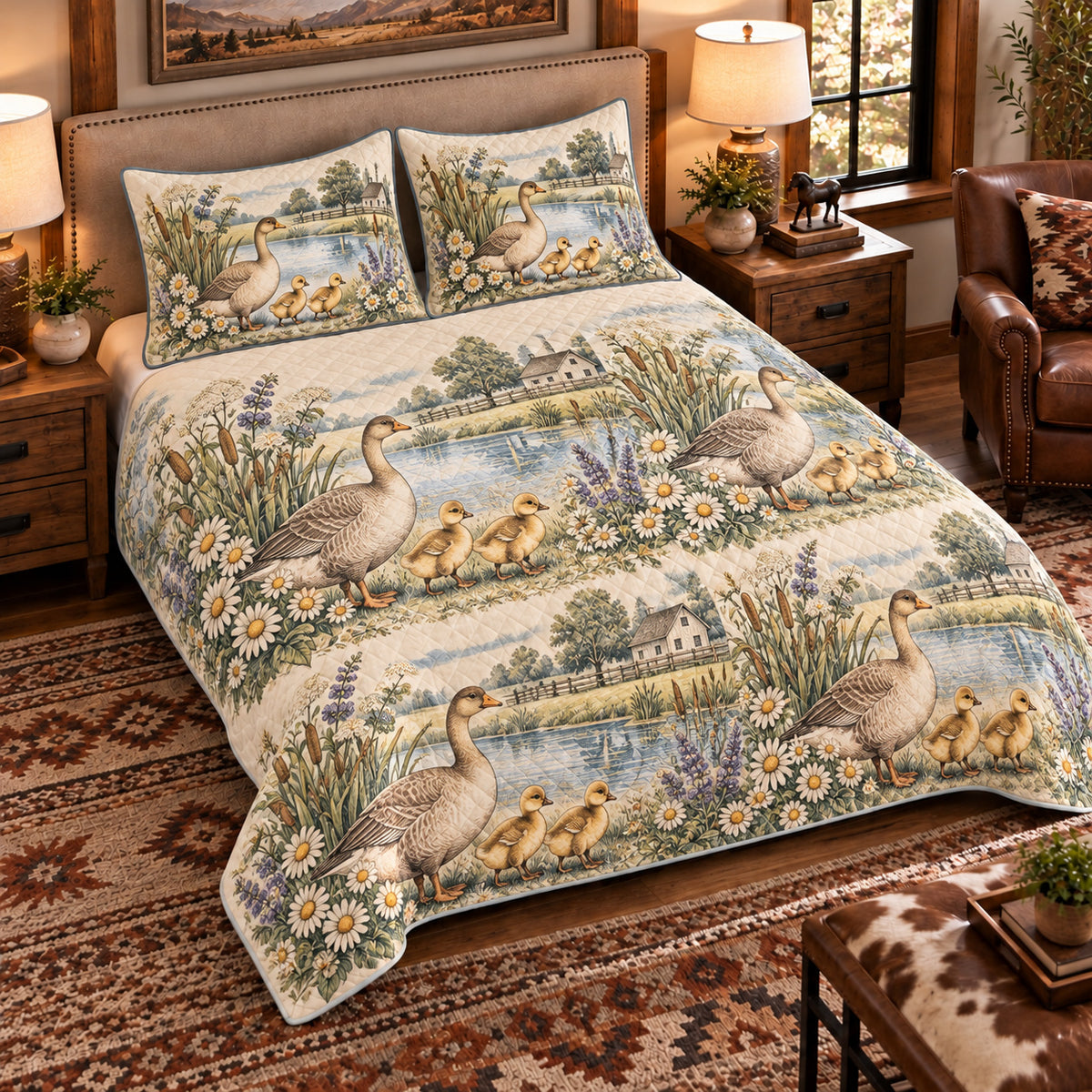 Goose & Gosling Vintage Field Guide quilt set — left-angle hero