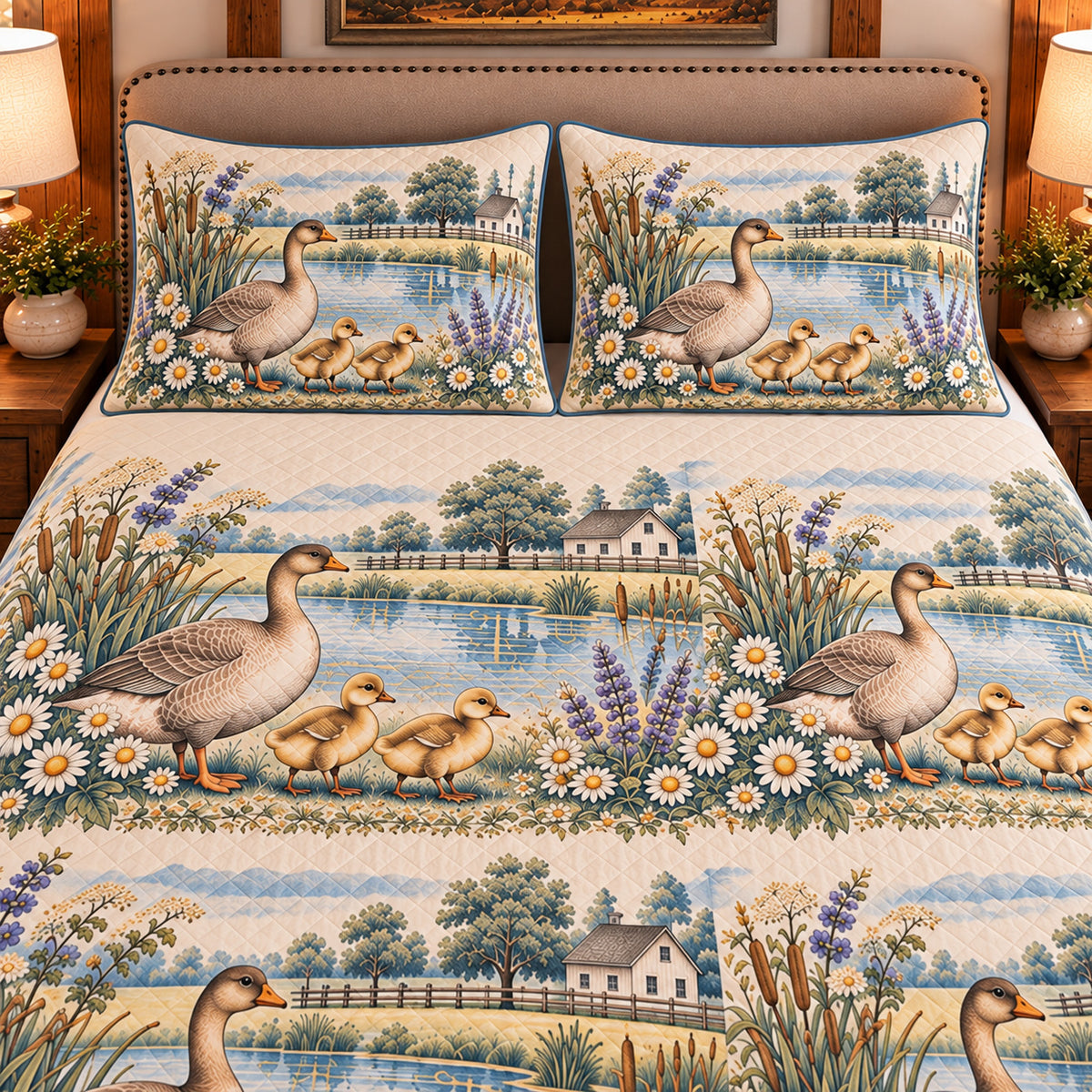 Goose & Gosling Vintage Field Guide quilt set — close-up