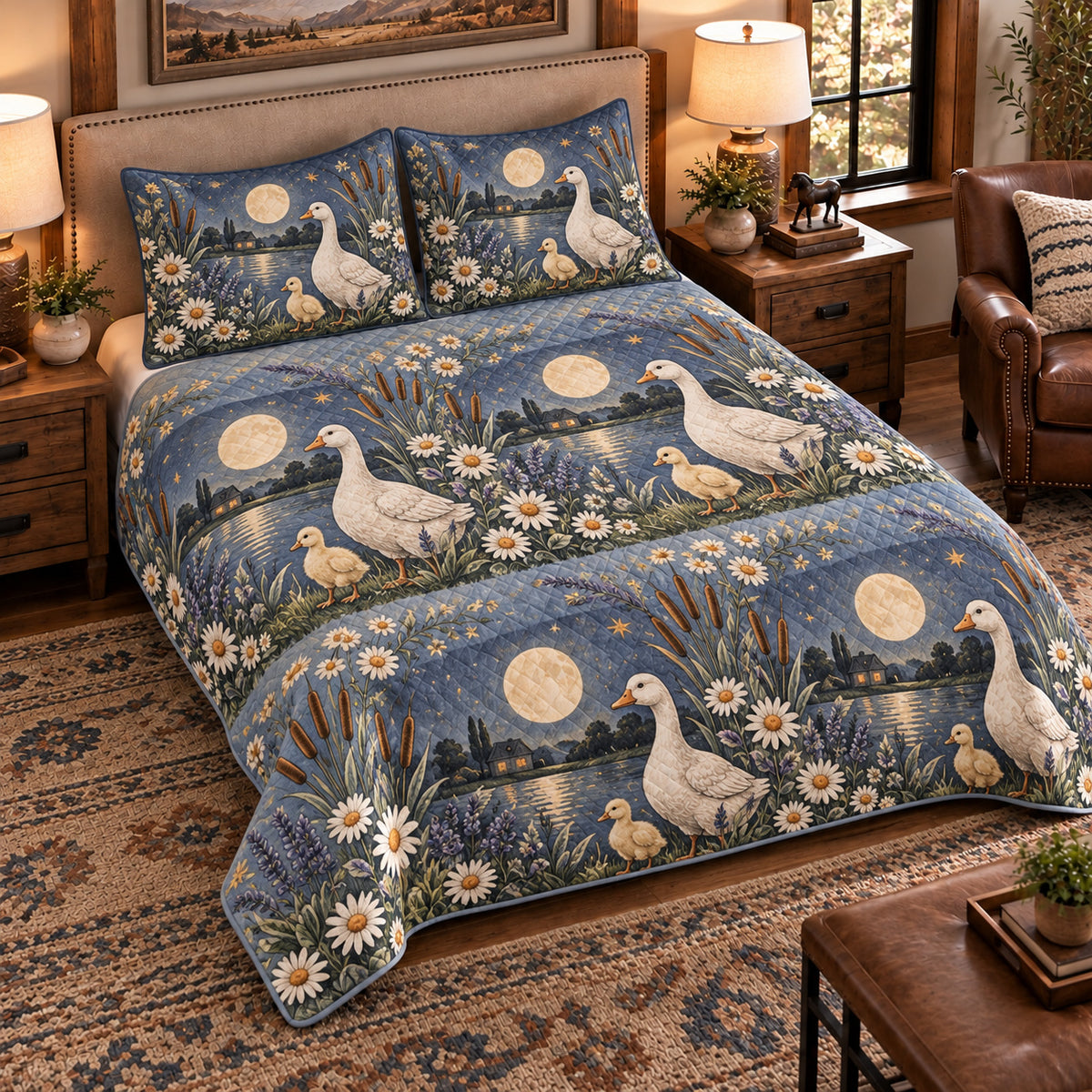 Goose & Gosling Moonlit Folk Farm quilt set — left-angle hero