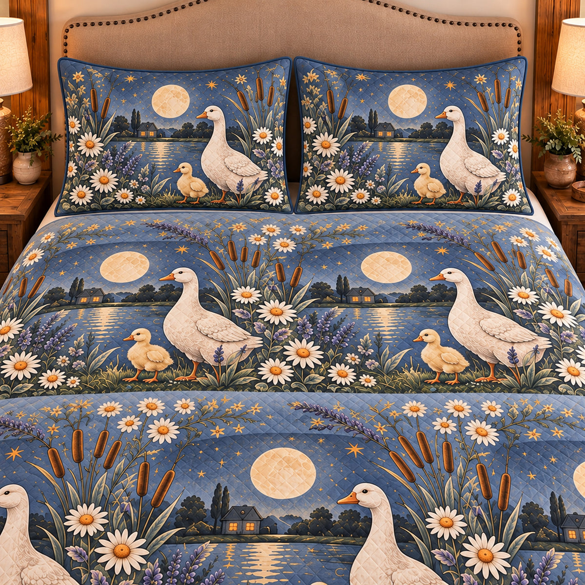 Goose & Gosling Moonlit Folk Farm quilt set — close-up