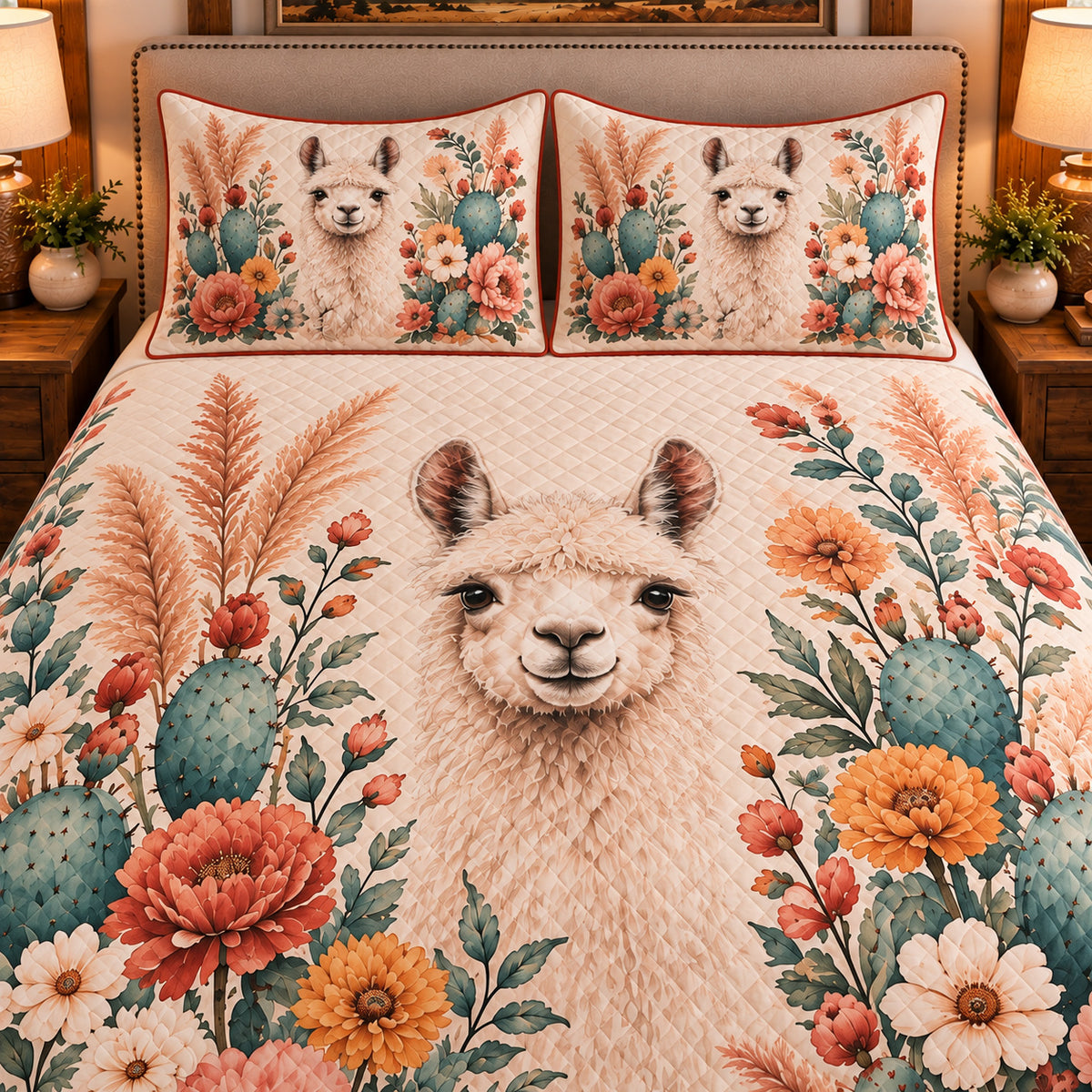 Llama Botanical Portrait quilt set — close-up