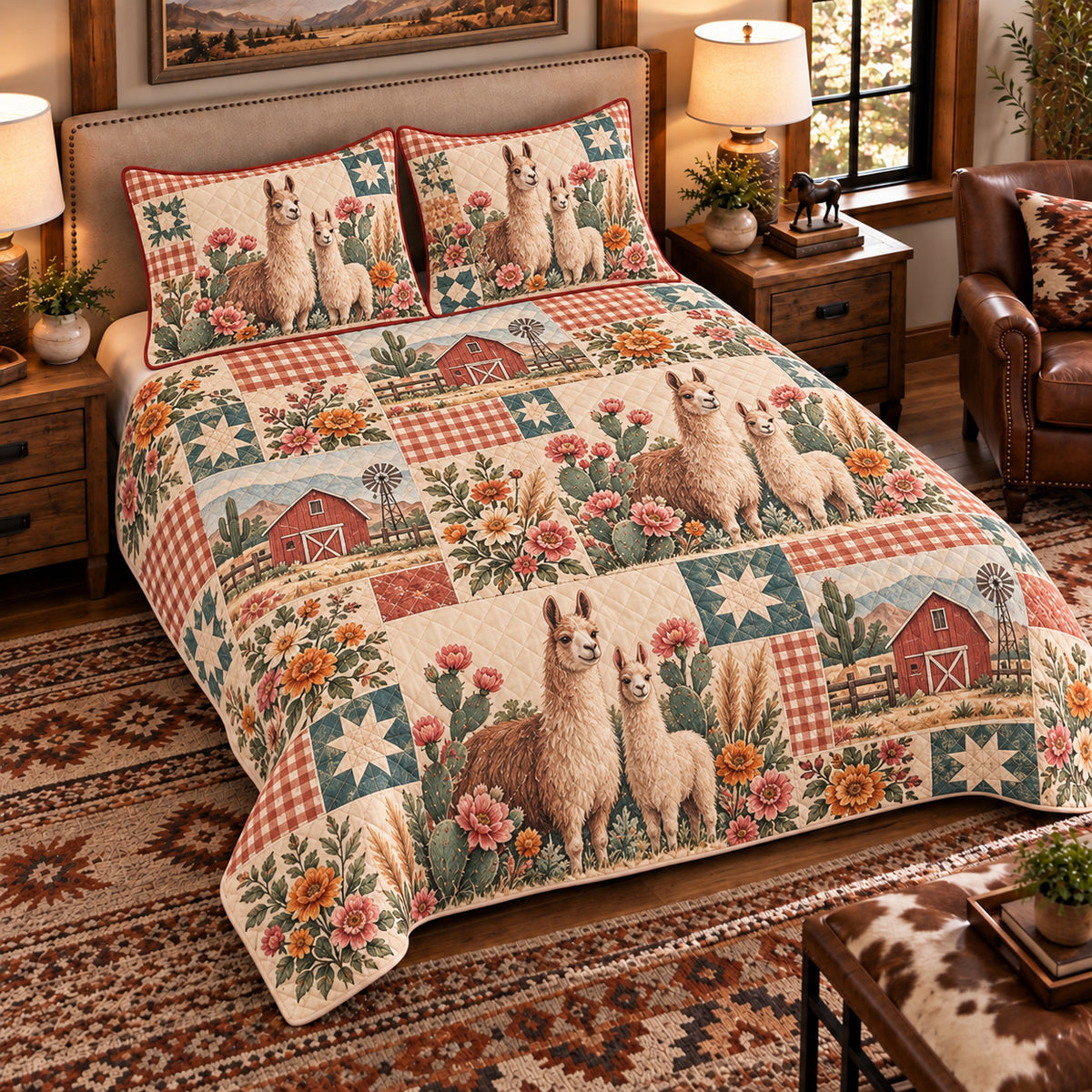 Llama Farmhouse Patchwork quilt set — left-angle hero