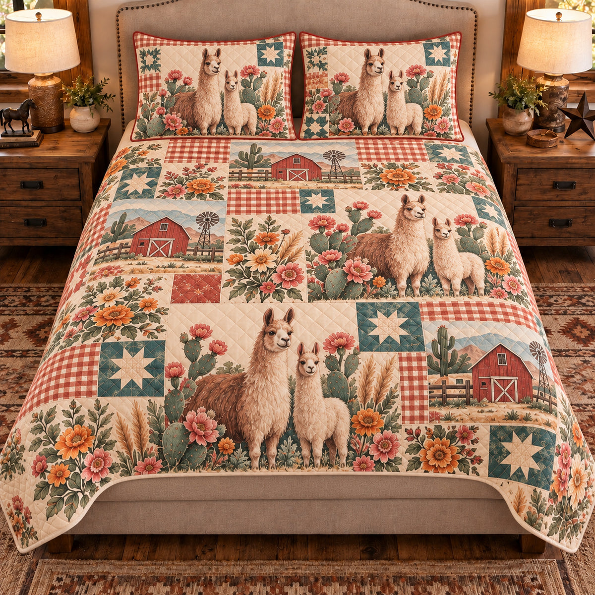 Llama Farmhouse Patchwork quilt set — front view
