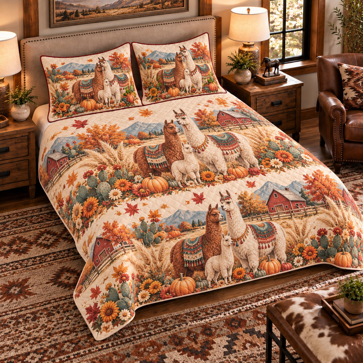 Llama Autumn Harvest quilt set — left-angle hero