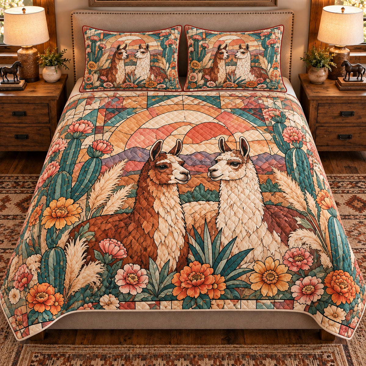 Llama Stained Glass Garden quilt set — front view