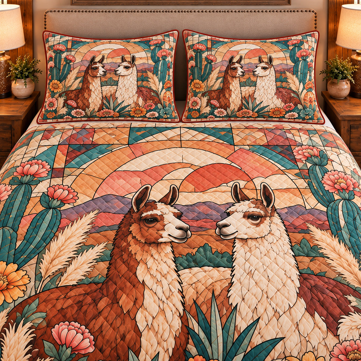 Llama Stained Glass Garden quilt set — close-up