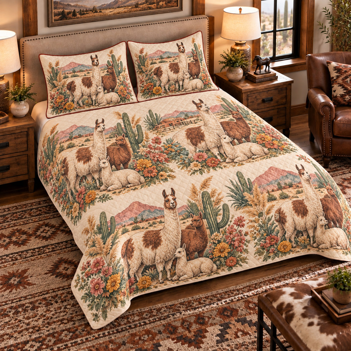 Llama Vintage Field Guide quilt set — left-angle hero