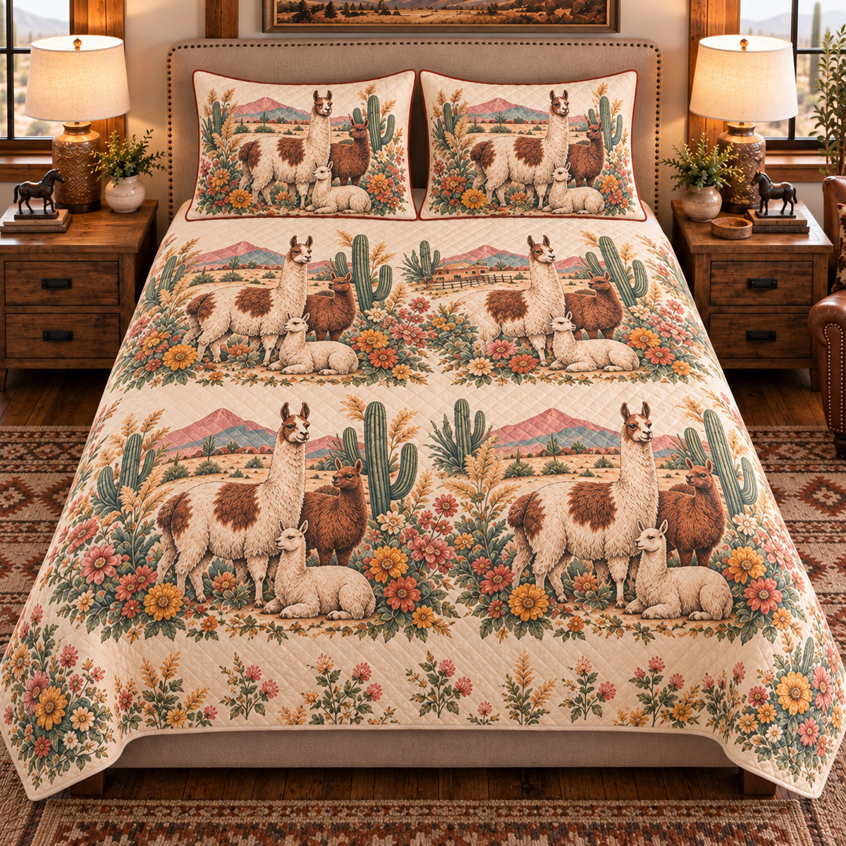 Llama Vintage Field Guide quilt set — front view