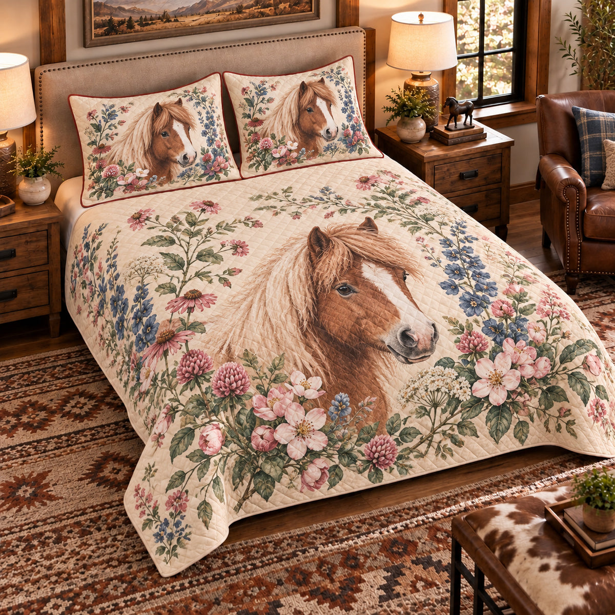 Pony Botanical Portrait quilt set — left-angle hero
