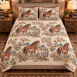Pony Country Toile Quilt Set, Farmhouse Bedding Gift for Animal Lovers