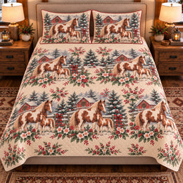 Pony Christmas Farm Quilt Set, Farmhouse Bedding Gift for Animal Lovers