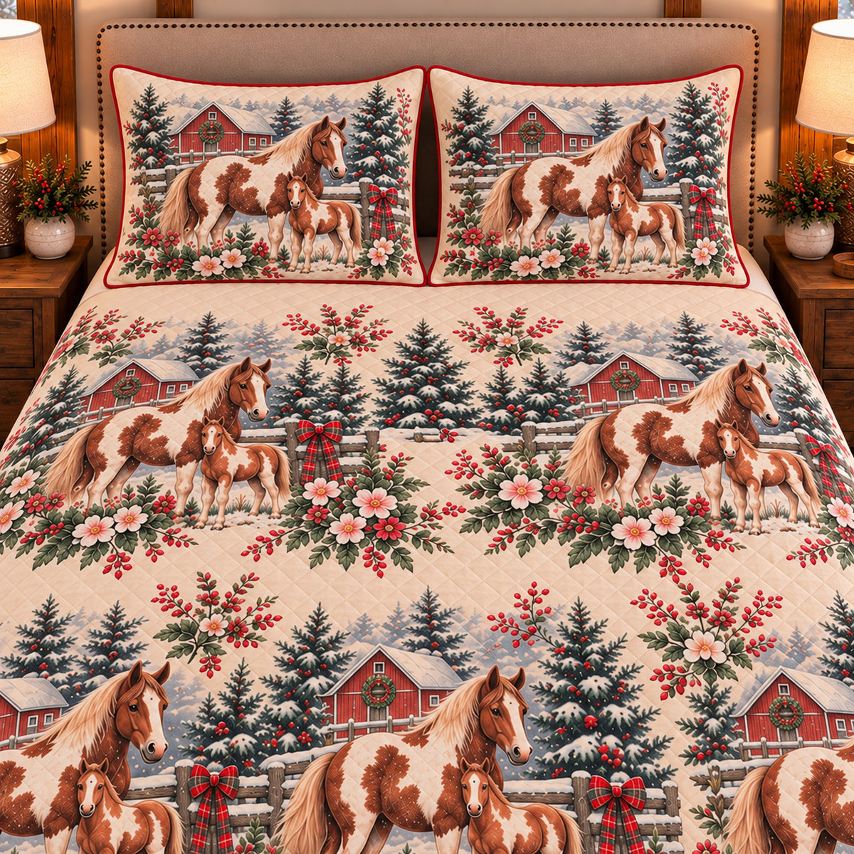 Pony Christmas Farm quilt set — close-up
