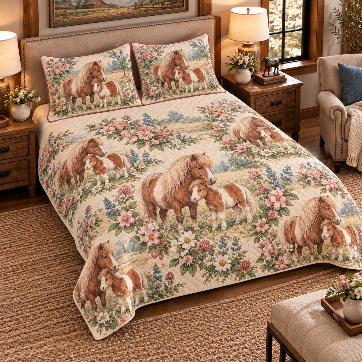 Pony Nursery Storybook quilt set — left-angle hero