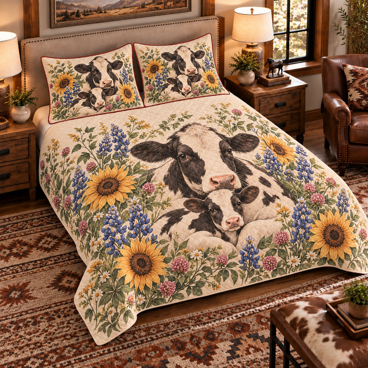 Calf & Baby Cow Botanical Portrait quilt set — left-angle hero