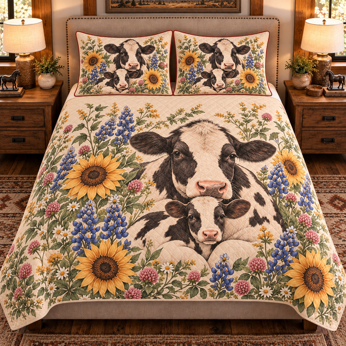 Calf & Baby Cow Botanical Portrait quilt set — front view