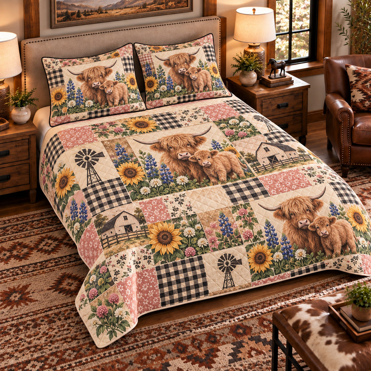 Calf & Baby Cow Farmhouse Patchwork quilt set — left-angle hero
