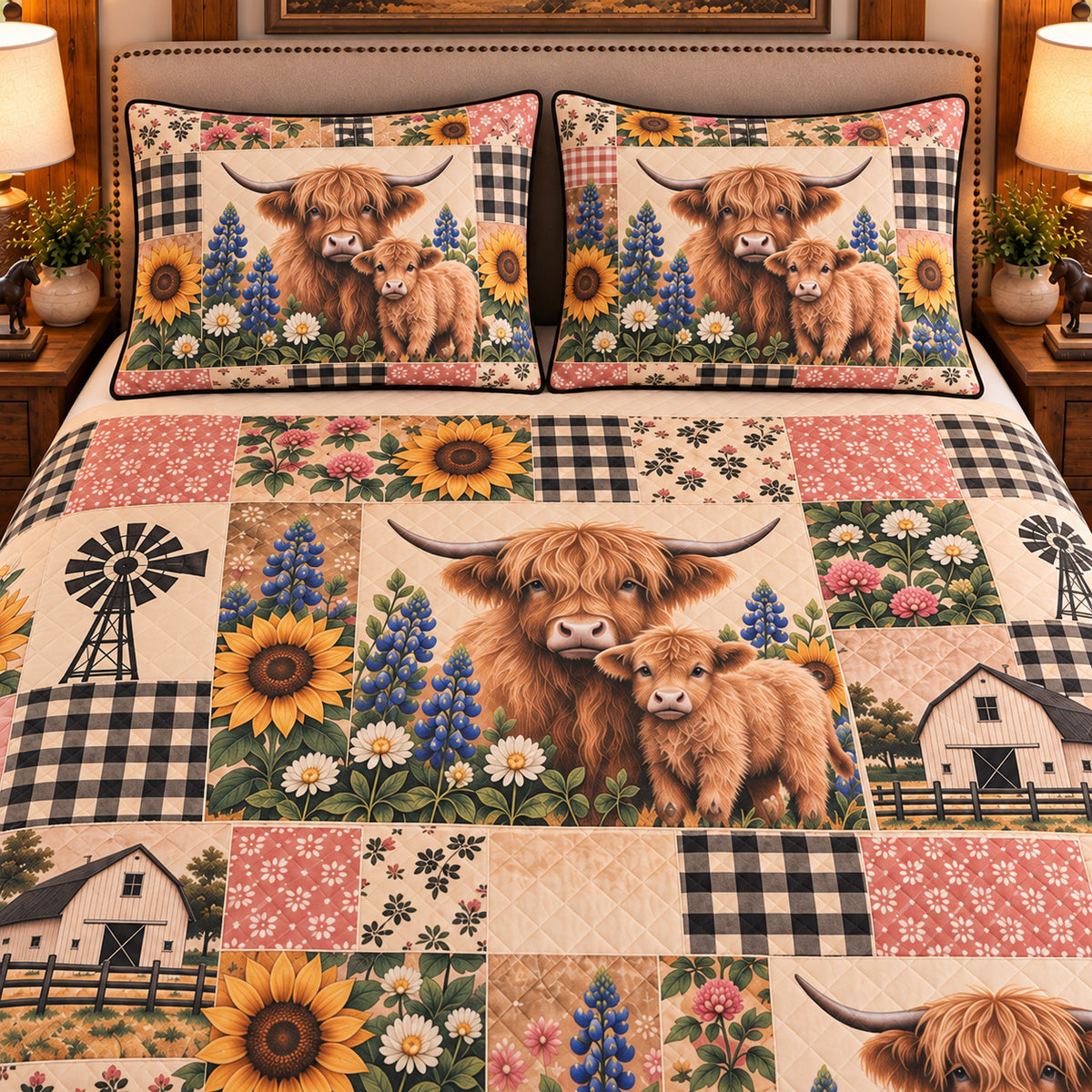 Calf & Baby Cow Farmhouse Patchwork quilt set — close-up