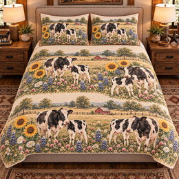Calf and Baby Cow Wildflower Meadow Quilt Set, Farmhouse Bedding Gift for Animal Lovers