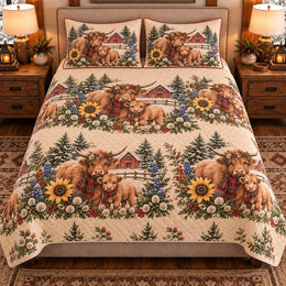 Calf and Baby Cow Christmas Farm Quilt Set, Farmhouse Bedding Gift for Animal Lovers