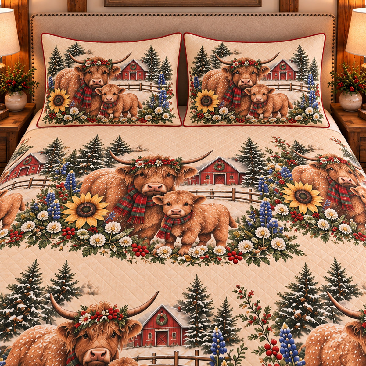 Calf & Baby Cow Christmas Farm quilt set — close-up
