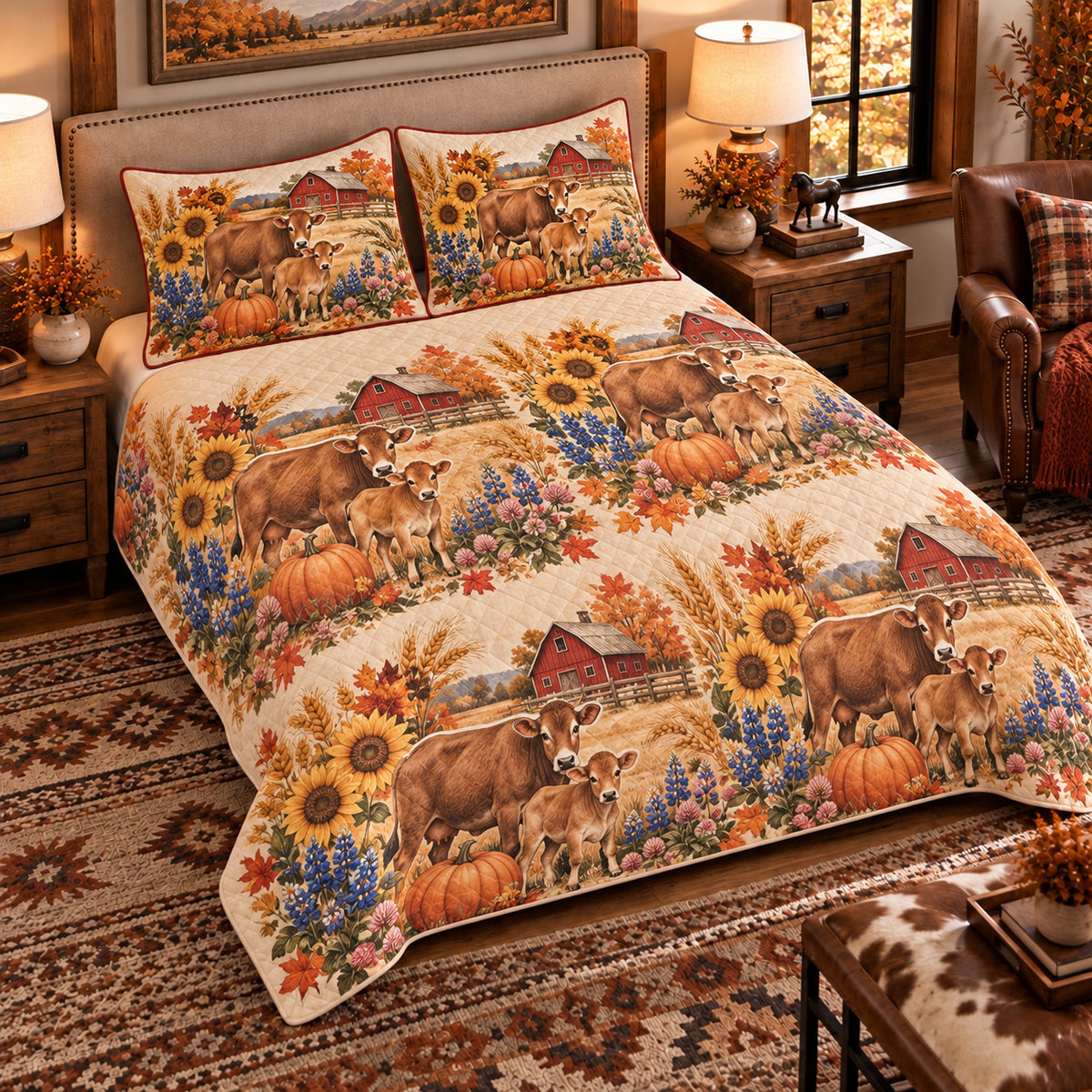 Calf & Baby Cow Autumn Harvest quilt set — left-angle hero
