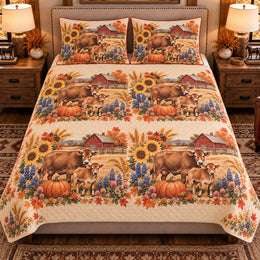 Calf and Baby Cow Autumn Harvest Quilt Set, Farmhouse Bedding Gift for Animal Lovers