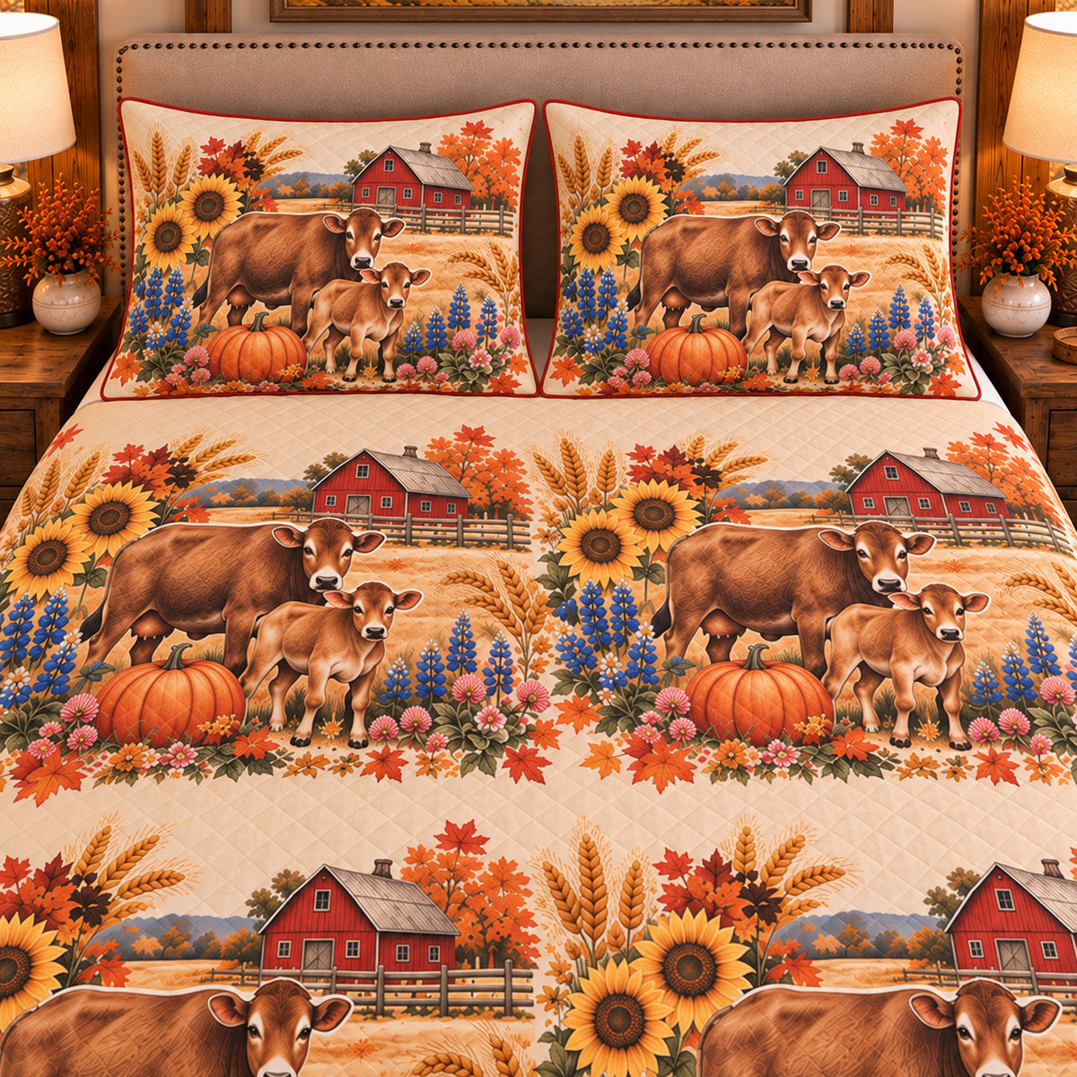 Calf & Baby Cow Autumn Harvest quilt set — close-up
