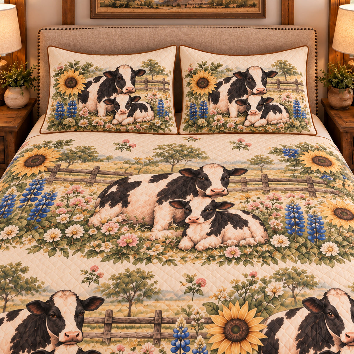 Calf & Baby Cow Nursery Storybook quilt set — close-up