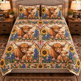 Calf and Baby Cow Stained Glass Garden Quilt Set, Farmhouse Bedding Gift for Animal Lovers