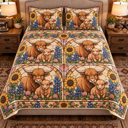 Calf and Baby Cow Stained Glass Garden Quilt Set, Farmhouse Bedding Gift for Animal Lovers